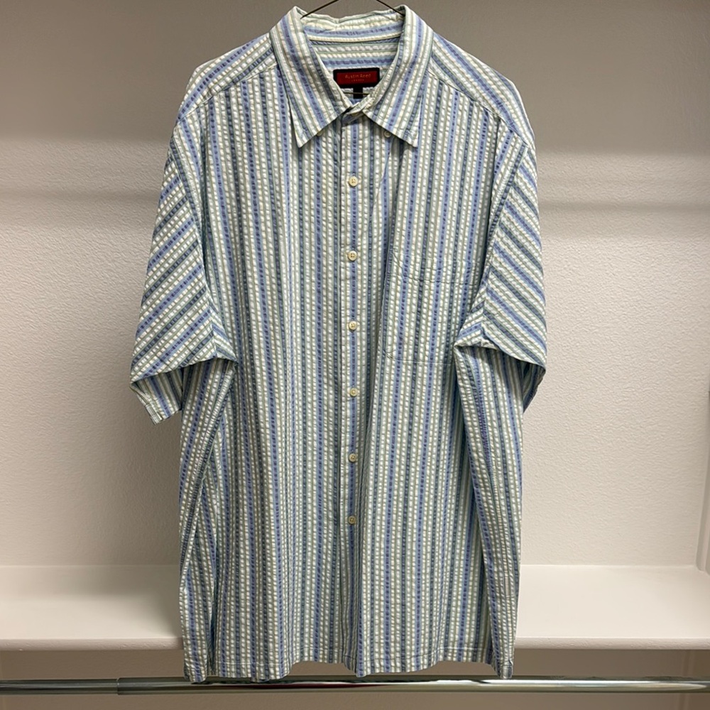 Austin Reed Men’s XL Short Sleeve Striped Button Down‎ 100% Cotton Green Purple.